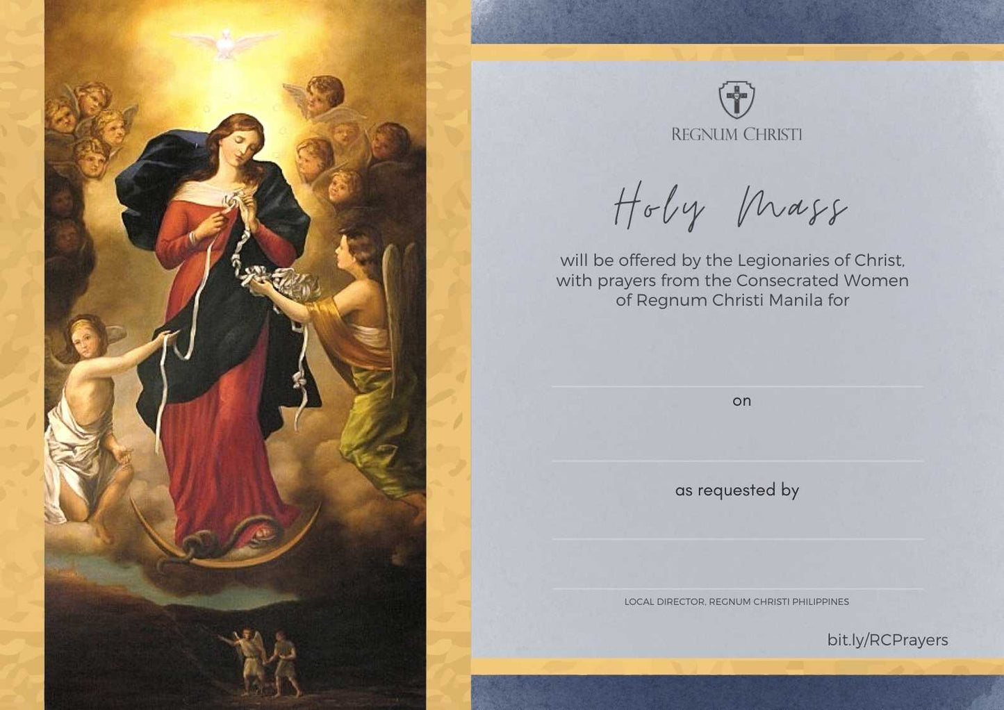 Invitation for a Holy Mass offered by the Legionaries of Christ and Consecrated Women of Regnum Christi Manila. To the left is a painting of Our Lady, Untier of Knots, attended by angels who are assisting her in untying knots in a white ribbon. Above, the Holy Spirit is depicted as a dove. Below, two figures appear to be guided toward the light.