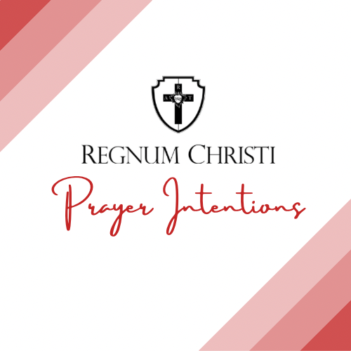 Logo and text 'Regnum Christi Prayer Intentions' on a white background with red and pink geometric designs.