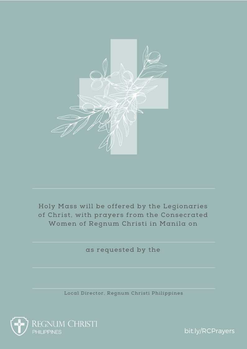 Invitation card with cross and floral design on a light blue background, featuring text about Holy Mass and prayers from Regnum Christi.