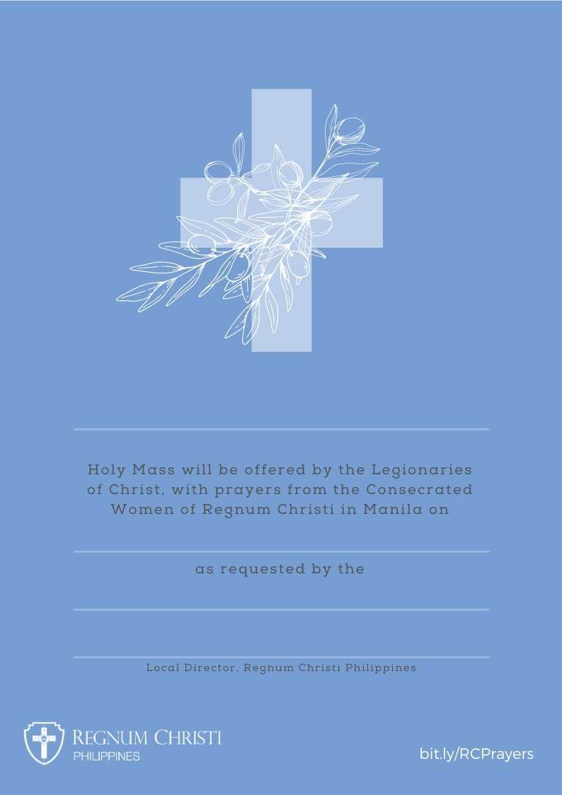 Blue background with white cross and floral elements, featuring text about a Holy Mass by Legionaries of Christ.