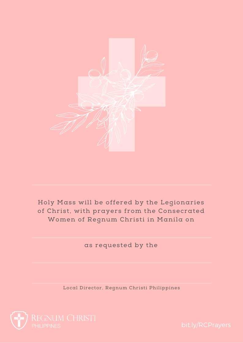 Pink background with a white cross and text about Holy Mass offered by the Legionaries of Christ.