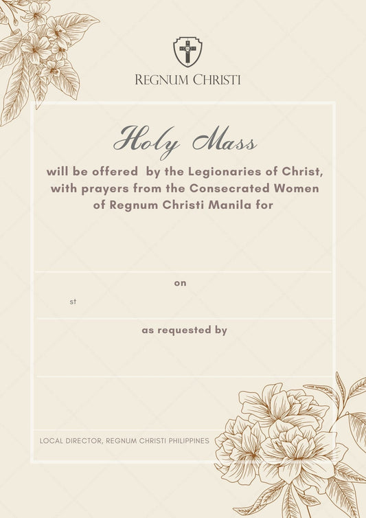 Invitation card for Holy Mass offered by the Legionaries of Christ with floral designs on a beige background.