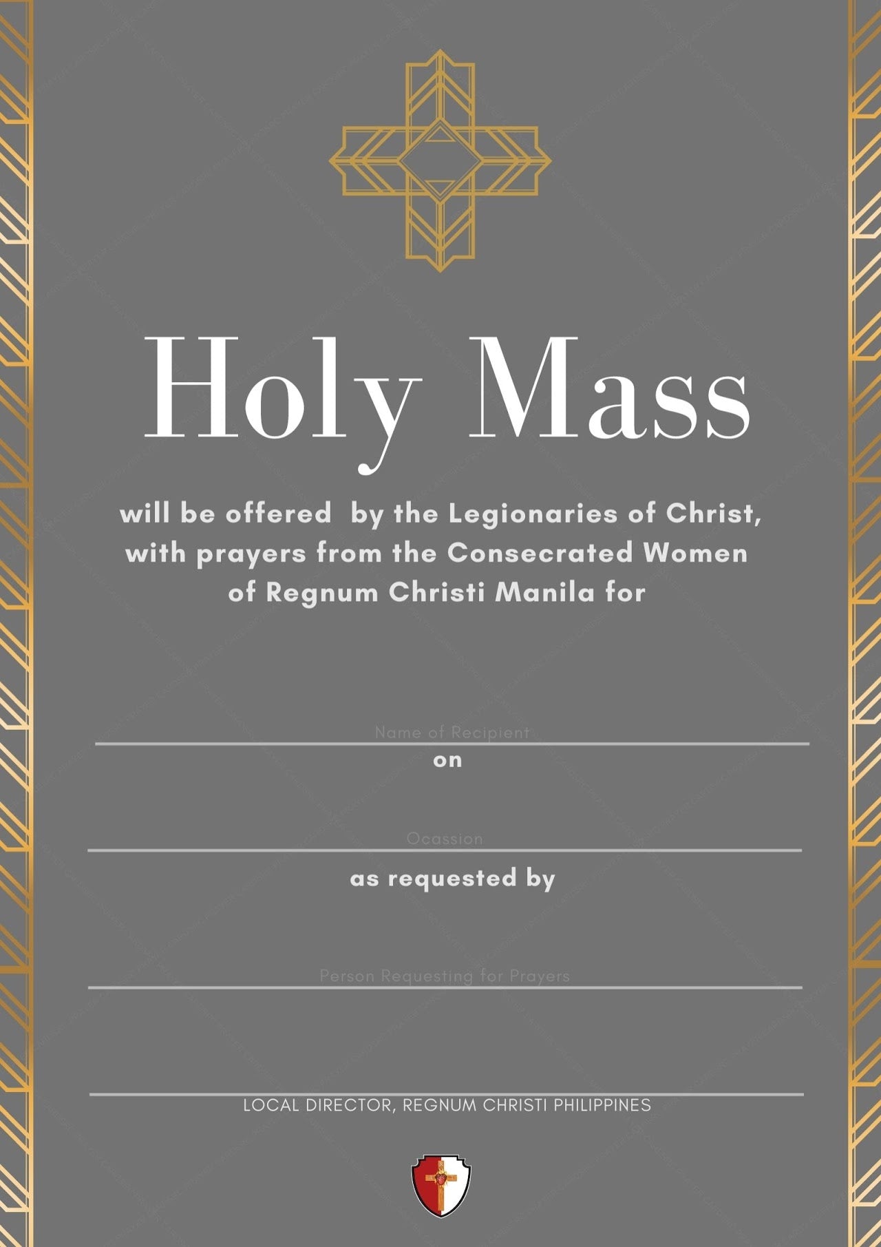 Invitation card for Holy Mass with cross design and text on gray background