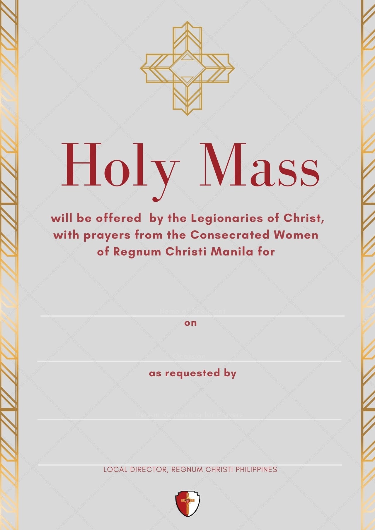 Invitation card for Holy Mass with cross design and text on a light gray background