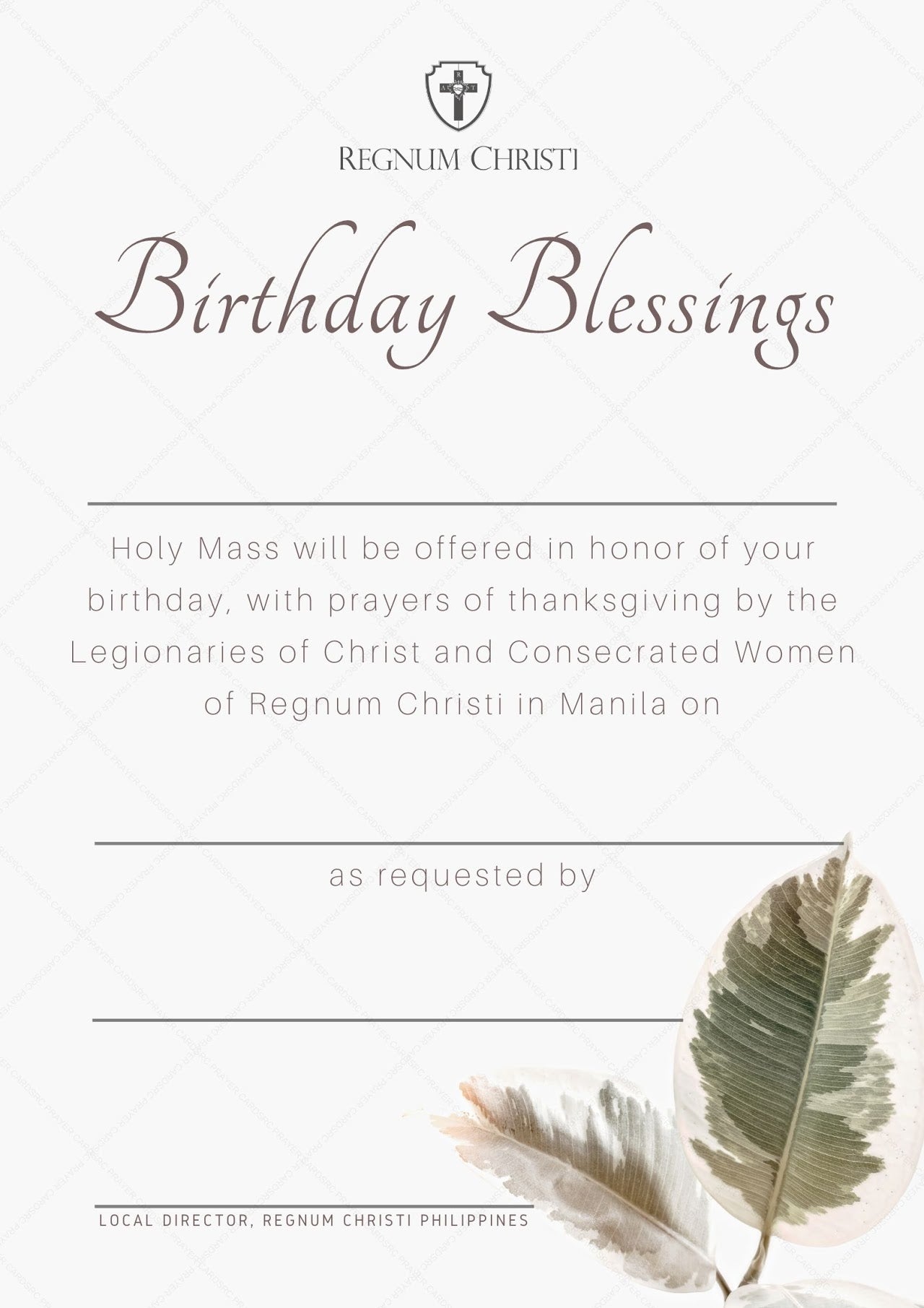 Delicate and refined birthday invitation with the text 'Birthday Blessings,' announcing a Holy Mass offered in honor of the recipient's birthday. The invitation includes watercolor illustrations of variegated leaves, adding a touch of natural elegance.