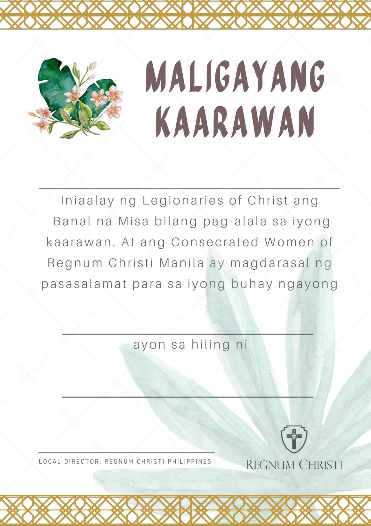 Birthday invitation in Tagalog, 'Maligayang Kaarawan,' announcing a Banal na Misa (Holly Mass) offered by the Legionnaires Women of Regnumm Christi Manila, featuring watercolor illustrations of tropical leaves and flowers. 