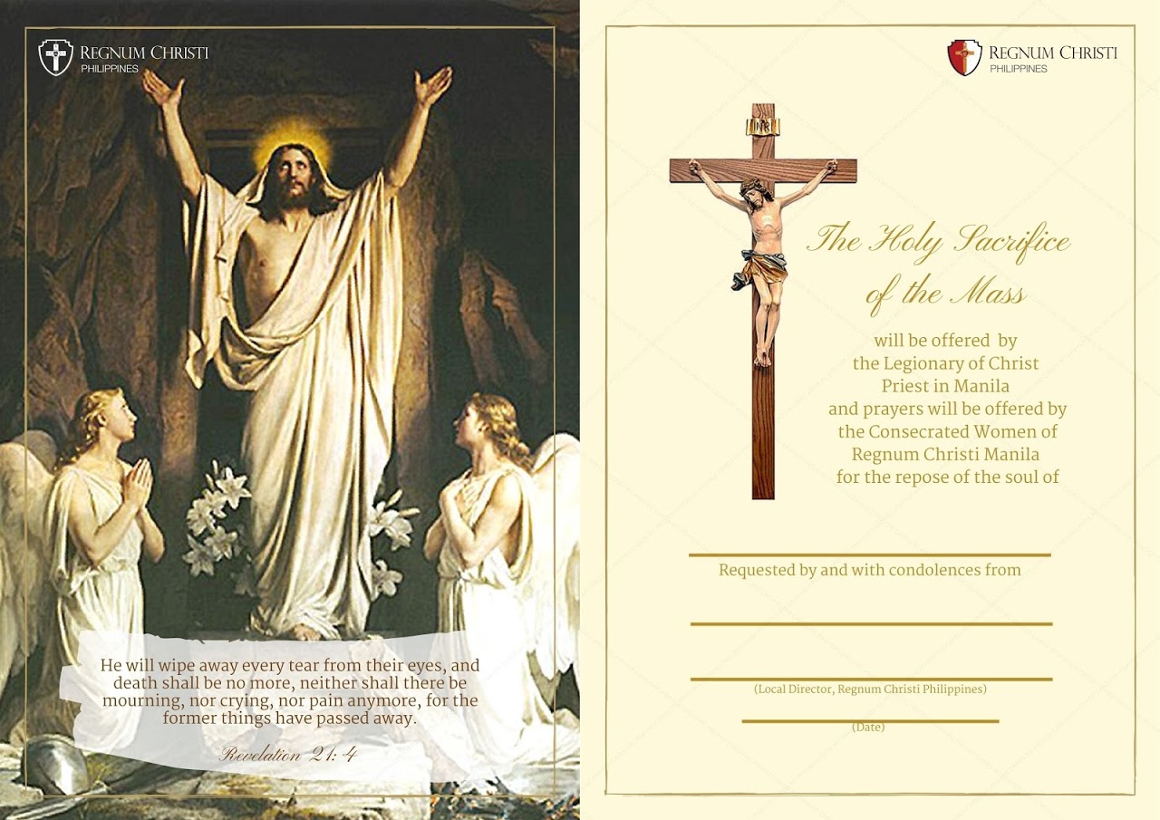 Digital mass card offered by the Legionary of Christ Priest in Manila for the repose of the soul, featuring an image of the resurrected Jesus with angels and crucifix.  