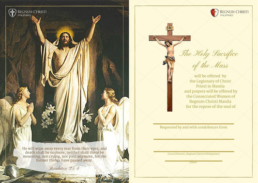 Digital mass card offered by the Legionary of Christ Priest in Manila for the repose of the soul, featuring an image of the resurrected Jesus with angels and crucifix.  