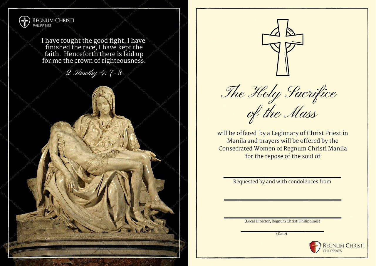 Digital Mass card, featuring Michelangelo's Pieta and a quote from 2 Timothy 4:7-8: 'I have fought the good fight, I have finished the race, I have kept the faith. Henceforth there is laid up for me the crown of righteousness'.