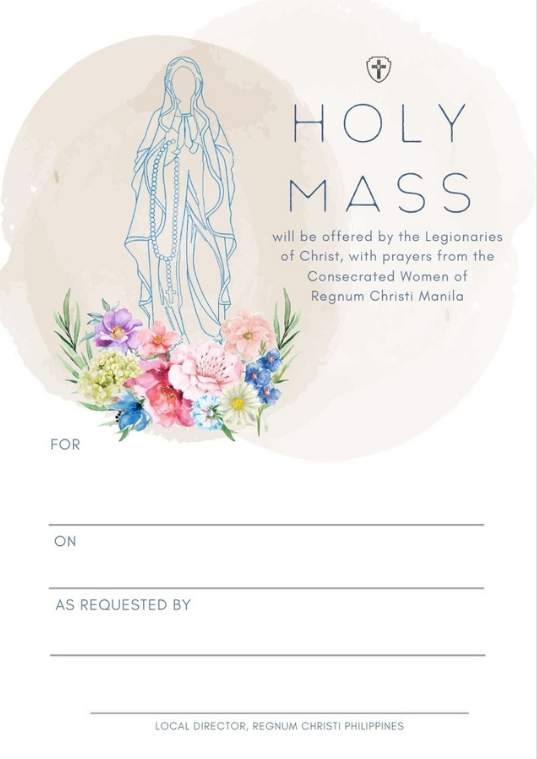 Holy mass invitation with an illustration of the Virgin Mary and floral decorations. 