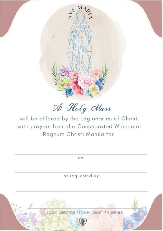 Invitation for a Holy Mass. Key visuals elements include a line drawing of Mary with a rosary, watercolor floral accents, and text indicating the mas is offered by Legionaries of Chris and Consecrated Women of Regnum Christi Manila. 