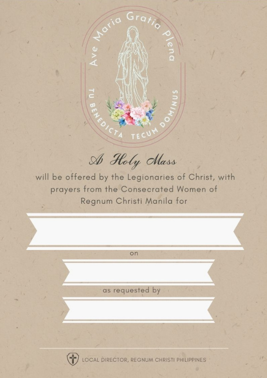 Vintage style invitation for A Holy Mass offered by the Legionaries of Christ and Consecrated Women of Regnum Christi Manila. The design includes an illustrations of Mary with a rosary, surrounded by flowers, and fill-in blanks for event details, all on a textured beige background.  