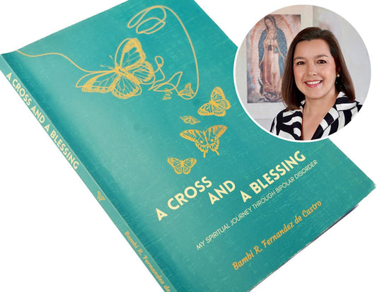 A book titled 'A Cross and a Blessing' with a teal cover and gold accents, along with a circular inset image of the author, Bambi R. Fernandez de Castro.