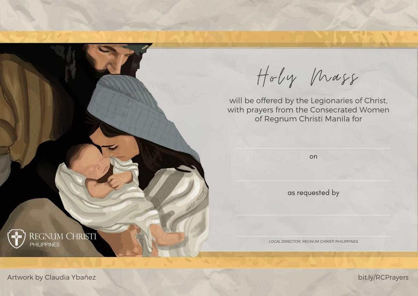 Digital mass card for a Holy Mass. The card's text indicates that the Holy Mass will be offered by the Legionaries of Christ, with prayers from the Consecrated Women of Regnum Christi Manila, and includes fields for specifying the recipient, date, and requestor. The left portion of the card presents artwork of the Holy Family.