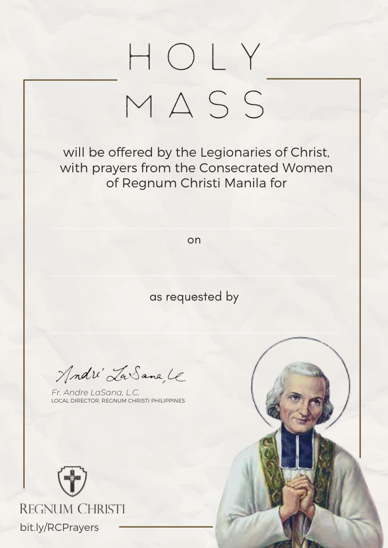 Invitation for a Holy Mass offered by the Legionaries of Christ, featuring an image of St. John Vianney with his hands clasped in prayer.
