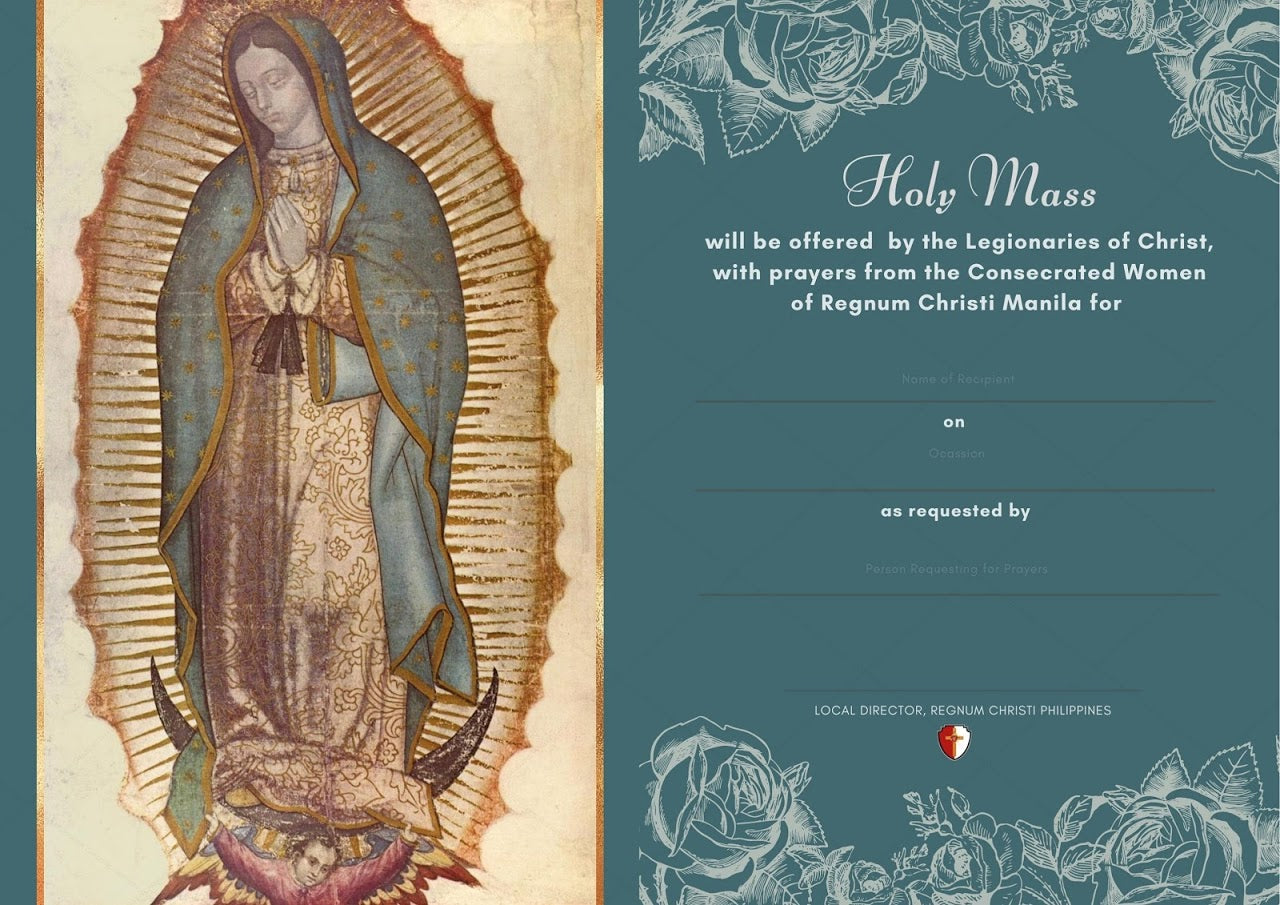 Digital mass card for a Holy Mass. The left side features an image of Our Lady of Guadalupe. The right side, on a teal background with white rose  illustration.  