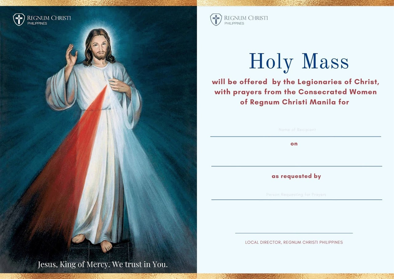 Invitation for a Holy Mass offered by the Legionaries of Christ, showing an artistic depiction of Jesus with rays of red and white light emanating from his heart, and the text "Jesus, King pf Mercy. We trust in You".