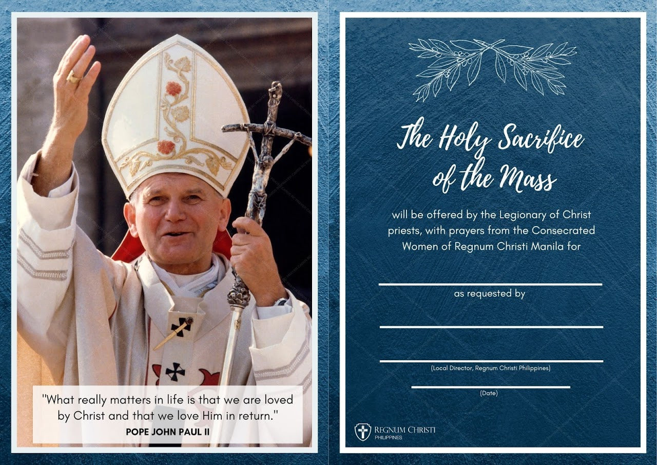 Elegant blue-themed invitation design for the Holy Sacrifice of the Mass, showcasing Pope John Paul II in papal attire, holding a cross, and offering a blessing. The invitation includes a quote from the Pope about the importance of being loved by Christ and loving Him in return.