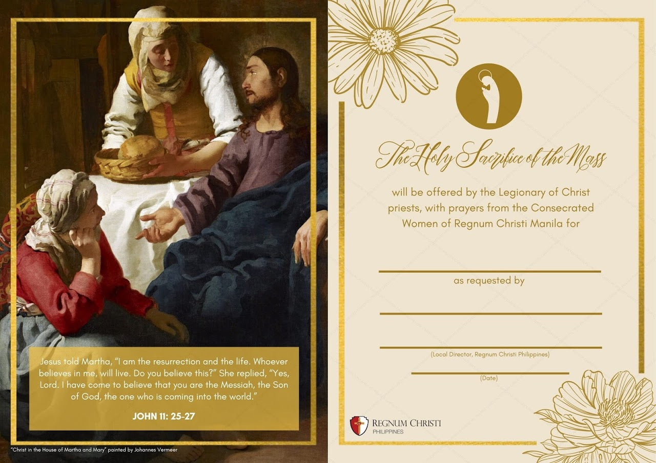 Invitation for the Holy Sacrifice of the Mass offered by the Legionary of Christ priests, featuring the painting 'Christ in the House of Martha and Mary' by Johannes Vermeer, along with a quote from John 11:25-27 where Jesus speaks to Martha.