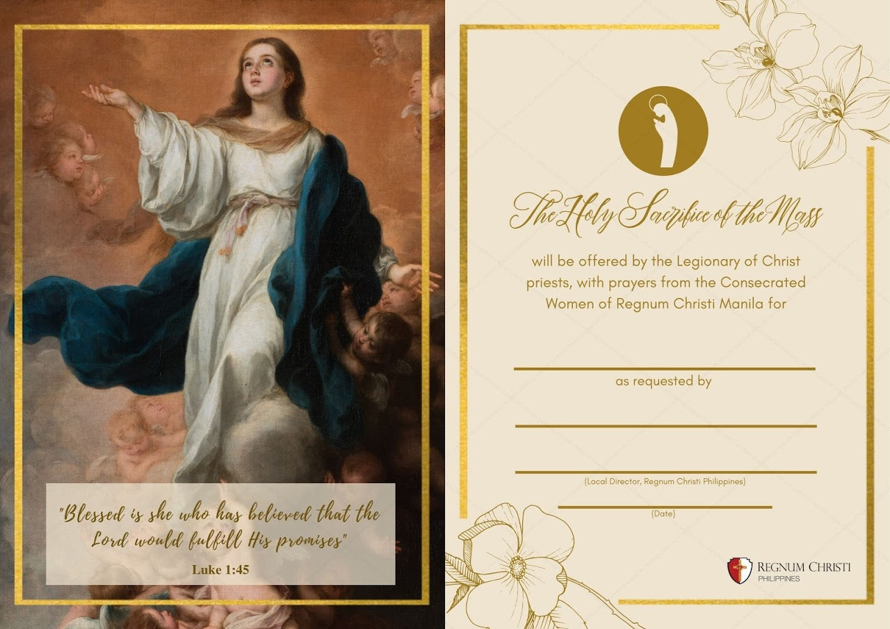 Image of an elegant invitation card for The Holy Sacrifice of the Mass. The left side features a painting of the Virgin Mary surrounded by angels, with the quote "Blessed is she who has believed that the Lord would fulfill His promises" (Luke 1:45). The right side, on a gold background with floral illustrations.