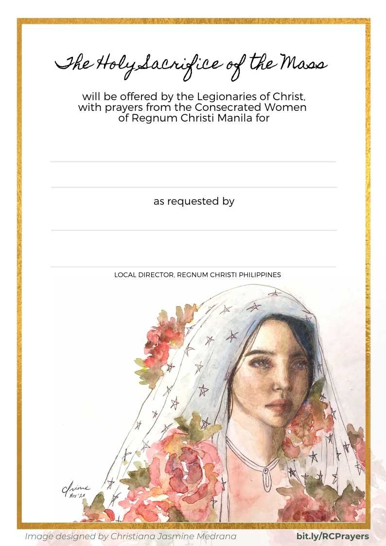 Invitation for The Holy Sacrifice of the Mass offered by the Legionaries of Christ and Consecrated Women of Regnum Christi Manila. The bottom of the card features a watercolor portrait of a woman wearing a veil adorned with flowers and stars. The card is framed with a gold border.