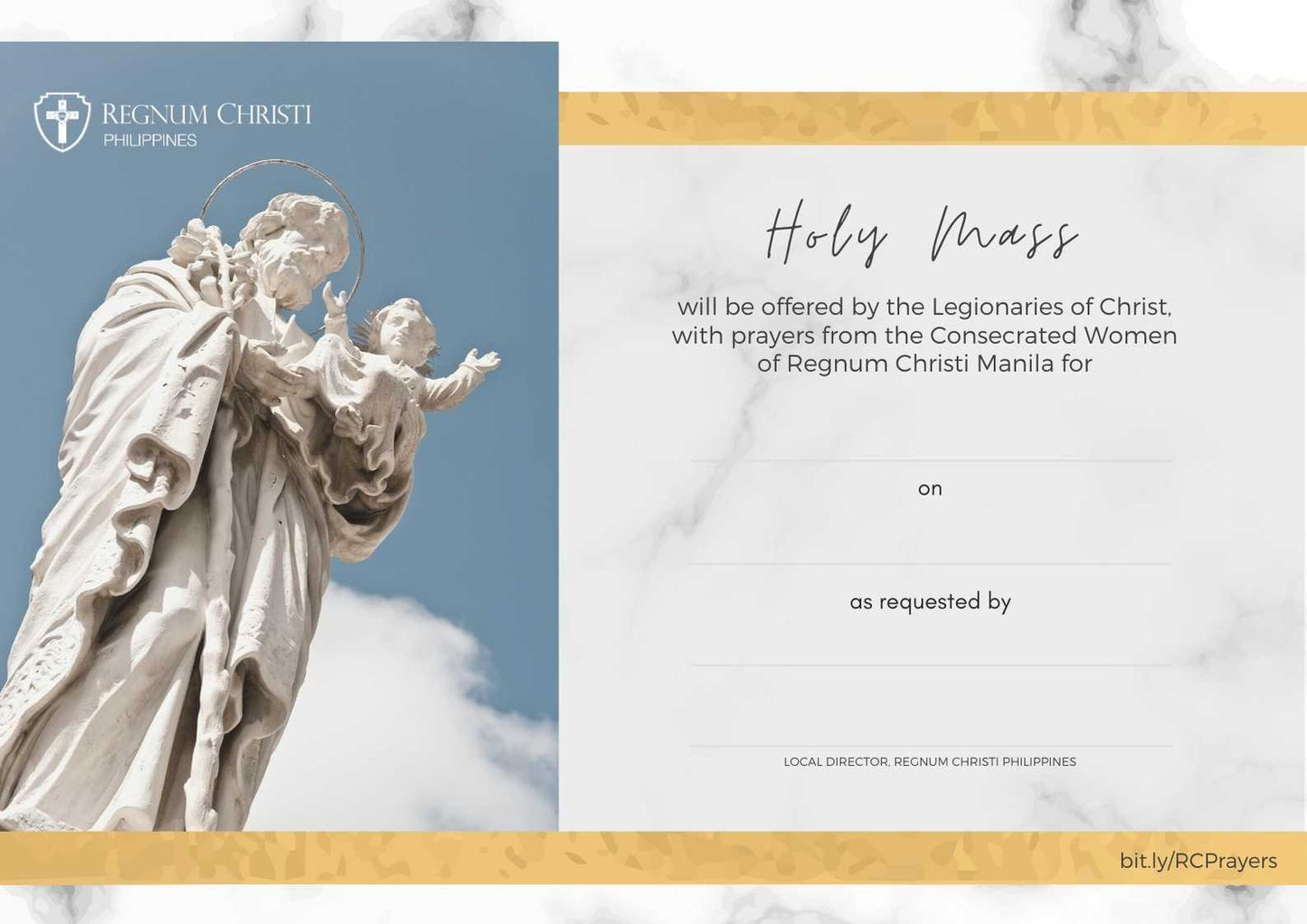 Invitation design for a Holy Mass, with a marble-textured background and a serene image of a statue depicting Saint Joseph carrying the Child Jesus. The statue is set against a clear blue sky, symbolizing peace and divinity.
