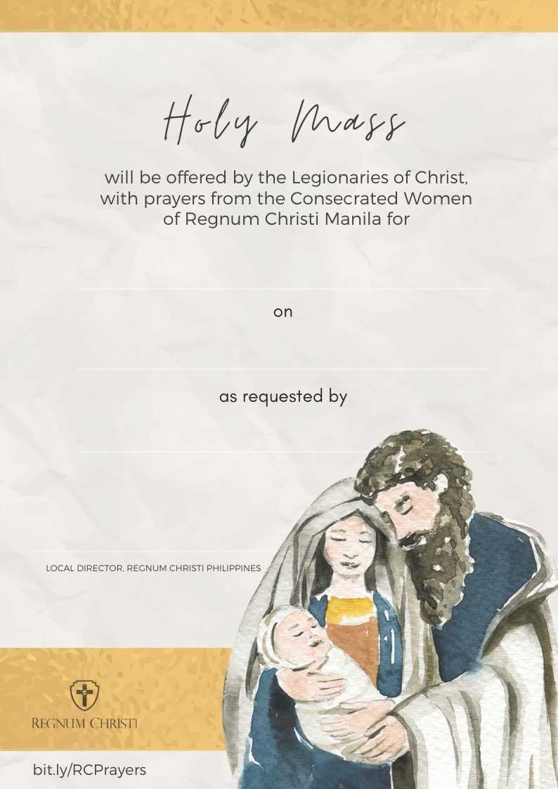 Invitation for a Holy Mass offered by the Legionaries of Christ and Consecrated Women of Regnum Christi Manila, featuring a watercolor illustration of Mary, Joseph, and baby Jesus, with spaces to fill in the details.