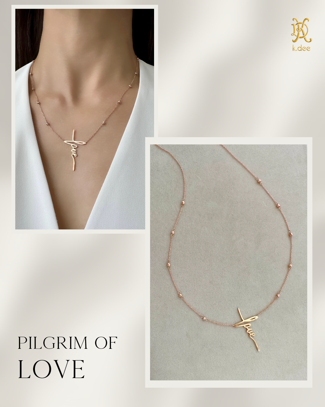 A rose gold necklace with gold beads and a love pendant, displayed on a woman neck and against a neutral background.