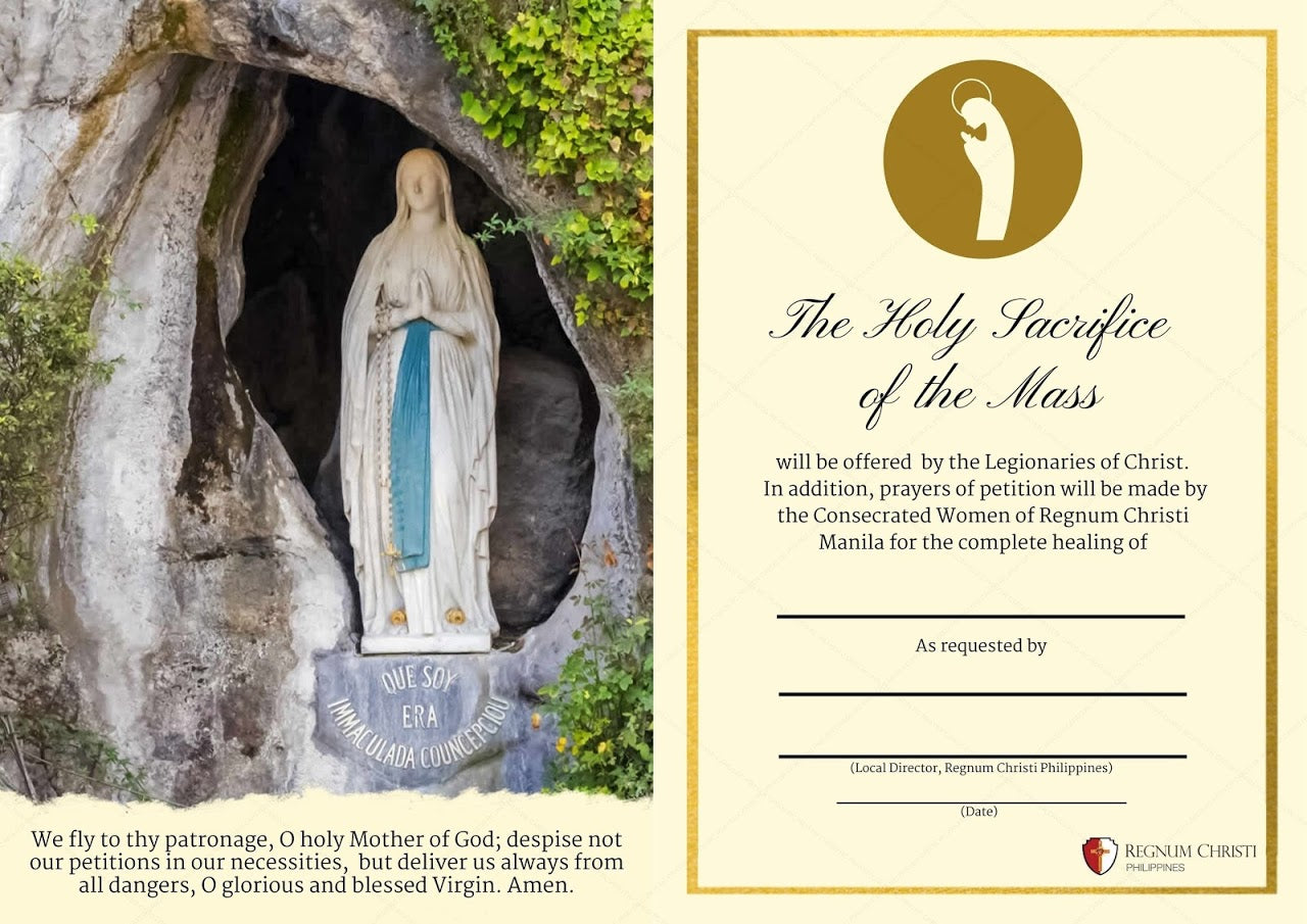 A digital mass card with the statue of Virgin Mary in a grotto on the left and text on the right. The card design requesting prayers for healing through the Holy Sacrifice of the Mass, offered by the Legionaries of Christ and the Consecrated Women of Regnum Christi Manila.