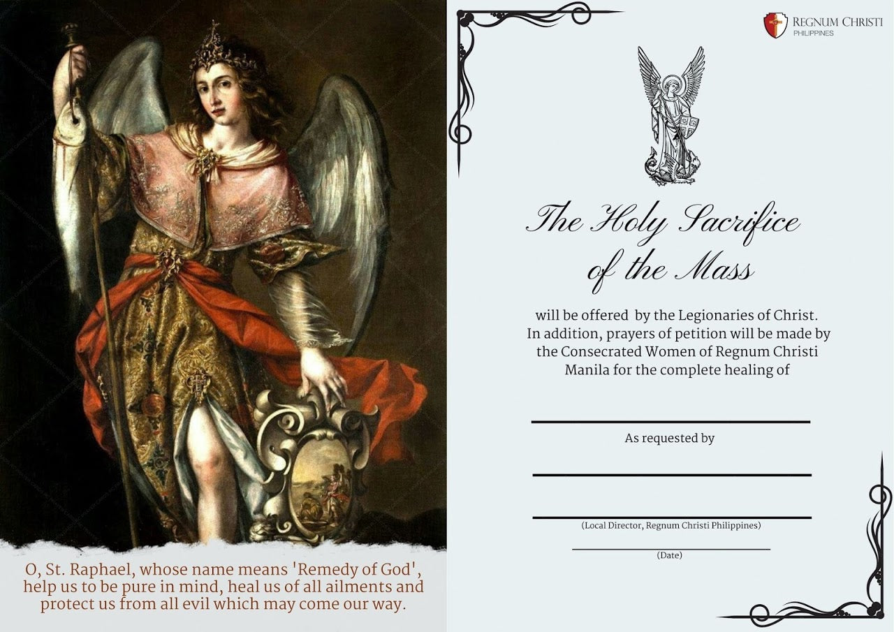 Elegant invitation design for the Holy Sacrifice of the Mass, showcasing a classical painting of St. Raphael the Archangel in ornate robes and wings, holding a staff and shield. The invitation includes a prayer to St. Raphael for healing and protection from evil.
